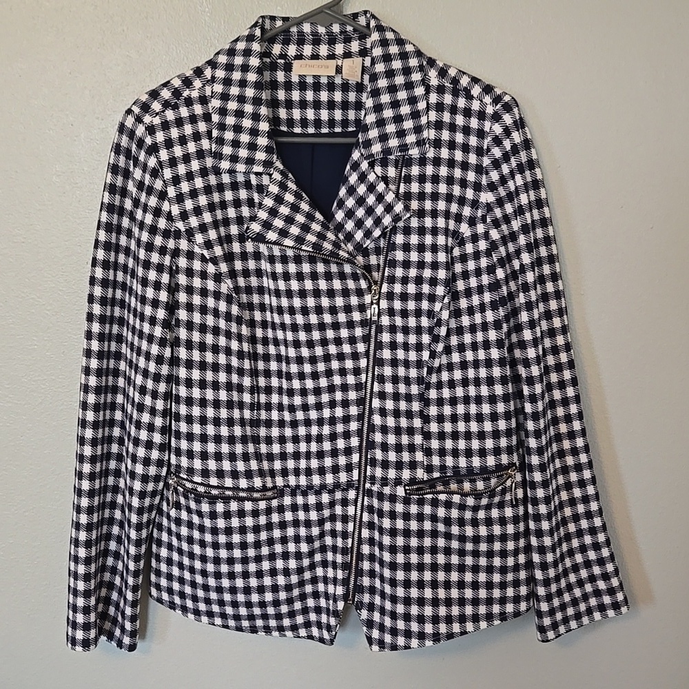 Chico's |  Blue Gingham Moto Jacket Asymmetrical Zip Jacket Size 1 Medium - Picture 2 of 11